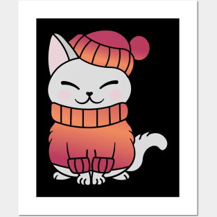 Cute Cozy Colorful Snow Winter Cat Kitty Posters and Art